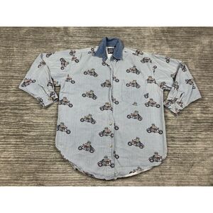 Quizz Top Womens Medium Blue White Striped Bears on Bike Pattern Denim‎ Collar